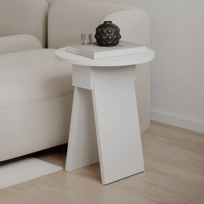 Image of Decortie Modern Chen Side Table White Round Shape Sturdy Particle Board 2 Legs Coffee Table 42(W)X42(D)X50(H)Cm Living Room