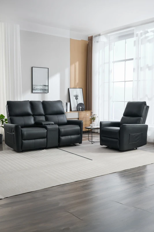 Image of More4Homes Madrid 1+2 Seater W Console Manual Air Leather Recliner Sofa Set Black