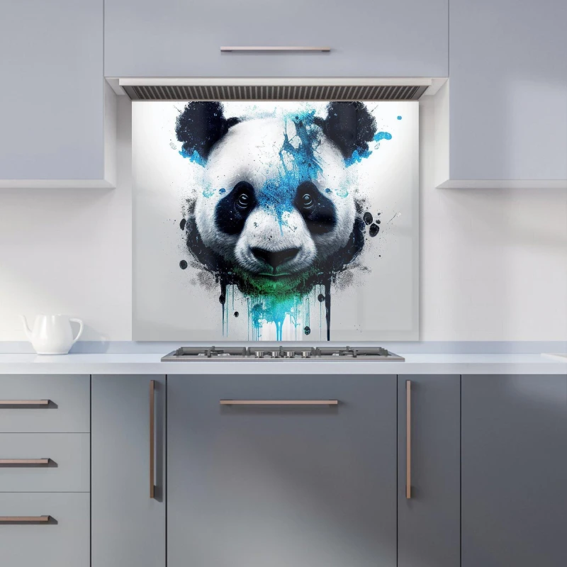 Image of Warren Reed - Designer Panda Face Splashart Light Background Kitchen Splashback in Blue Size: 700mm x 650mm Blue Unisex 700mm x 650mm