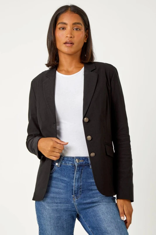 Image of Roman Button Detail Stretch Blazer Black