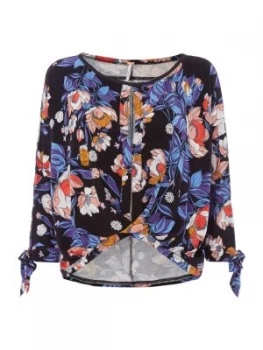 Image of Free People Keepin On Floral Printed Long Tie Sleeve Top Black
