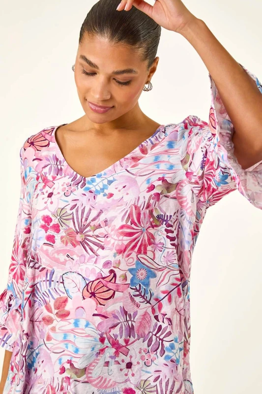 Image of Roman Womens Floral Flare Sleeve Top in Pink Size: 10 Pink Female 10