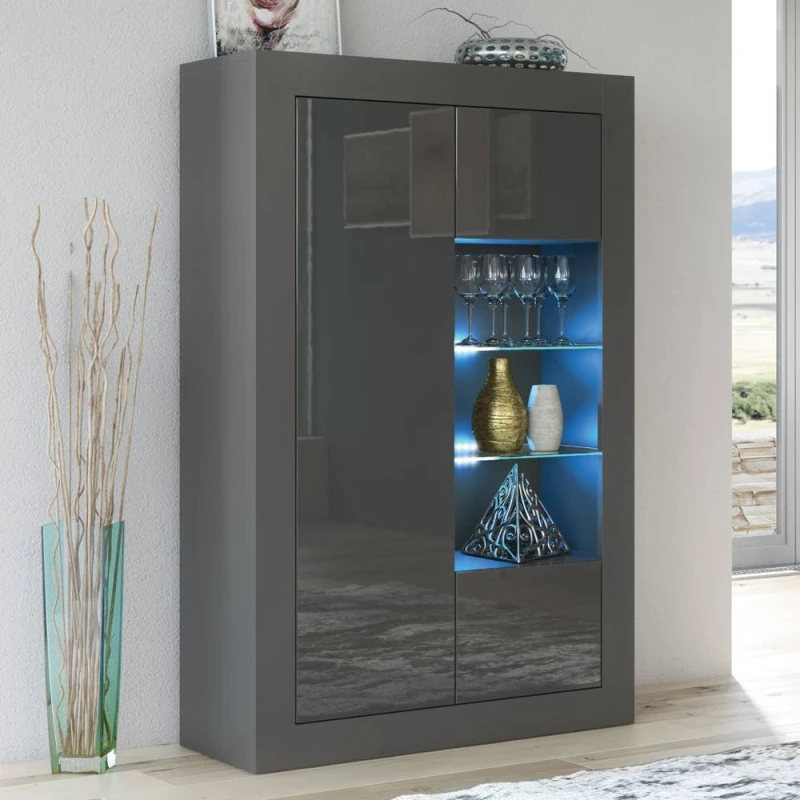 Image of Creative Furniture Arcadia Display Cabinet 140cm - Dark Grey with Gloss Doors, LED Lights Dark Grey Unisex