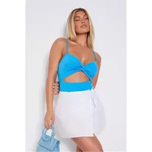 Image of I Saw It First Ribbed Twist Front Cut Out Cami Bodysuit - Blue