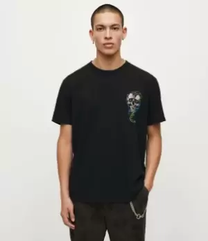 Image of AllSaints Mens Adder Crew T-Shirt, Washed Black, Size: M