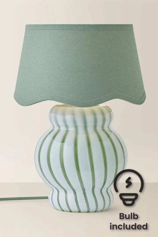Image of ValueLights ValueLights Taffy Stripe Green Glass Table Lamp with Sage Scalloped Shade and Bulb in Pale Green Pale Green One Size Unisex 5059406071461