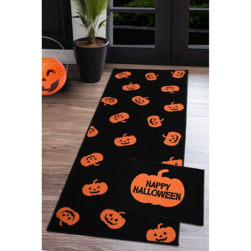 Image of Homemaker Halloween Pumpkin Runner & Doormat Set Orange 57X150 WB74101