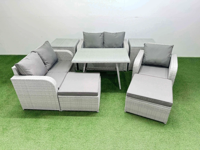 Image of Fimous 7 Seater Rattan Garden Furniture Set with Rectangular Dining Table in Light Grey Light Grey Unisex
