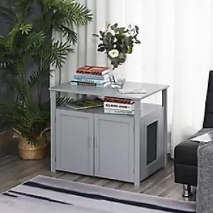 Image of PawHut Wooden Cat Litter Box and Large Tabletop for Nightstand, Grey