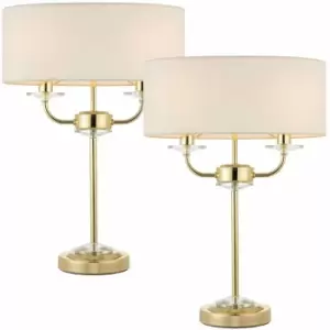 Image of 2 pack Twin Light Table Lamp 2 Bulb Brass & White Shade Crystal Trim Bedside