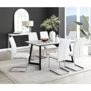 Image of Furniturebox UK - Furniturebox Carson White Marble Effect Rectangular 160cm Dining Table & 6 White Lorenzo Faux Leather Chairs