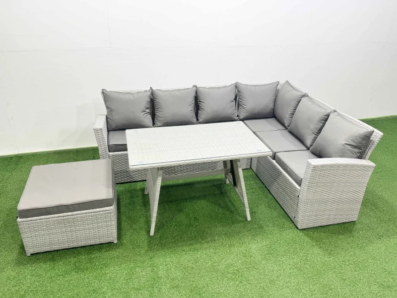 Image of Fimous 7 Seater Garden Outdoor Rattan Furniture Set Dining Table Sets in Light Grey Light Grey Unisex