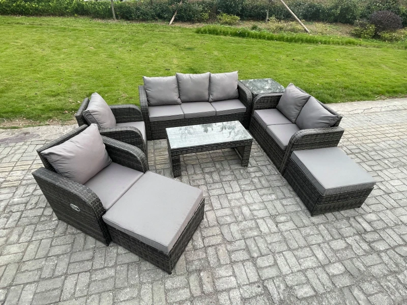 Image of Fimous 9 Seater Outdoor Rattan Garden Furniture Set Rattan Lounge Sofa Set with Rectangular Coffee Table Side Table 2 Big Footstool Dark Grey Mixed Da
