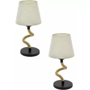 Image of 2 pack Table Lamp Desk Light Black Base & Rope Stem / Creme Shade 1x 28W E27