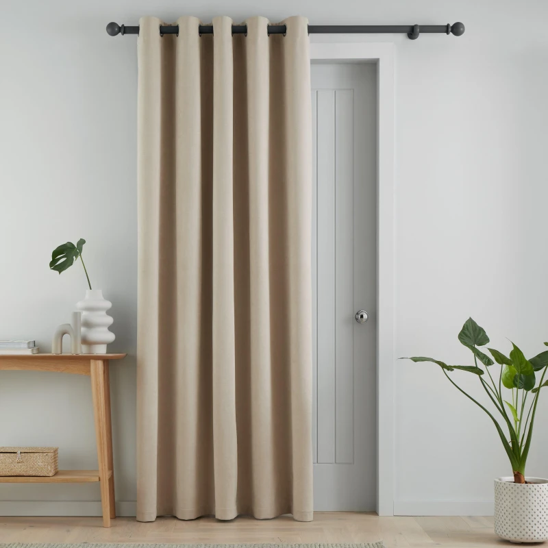 Image of Catherine Lansfield Wilson Velvet Thermal Ready Made Eyelet Door Curtain Natural