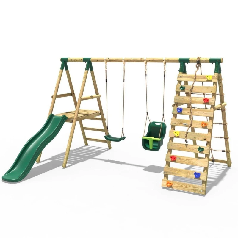 Image of Rebo Wooden Swing Set with Baby Seat, Slide and Climbing Wall - Moonstone Green Green