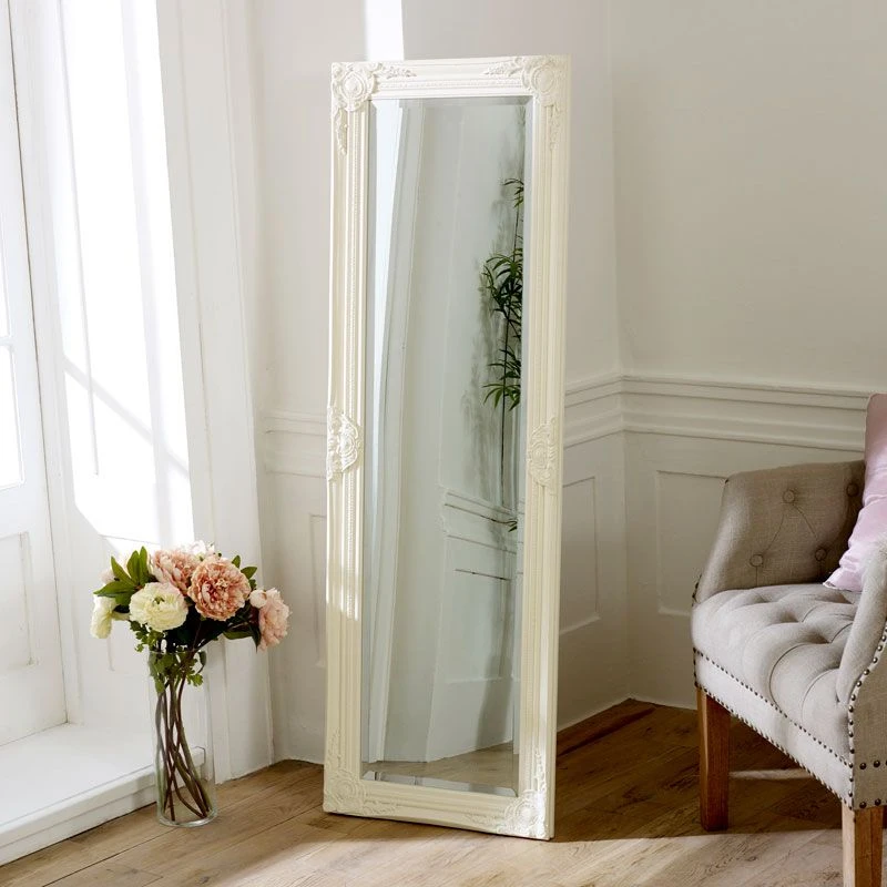 Image of Melody Maison Cream Ornate Tall Slim Mirror 47cm X 142cm Cream