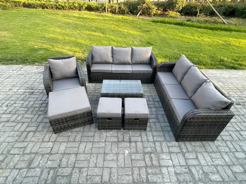 Image of Fimous 10 Seater Rattan Lounge Sofa Set Outdoor Garden Furniture Set with Rectangular Coffee Table 3 Seater Sofa 3 Footstools Dark Grey