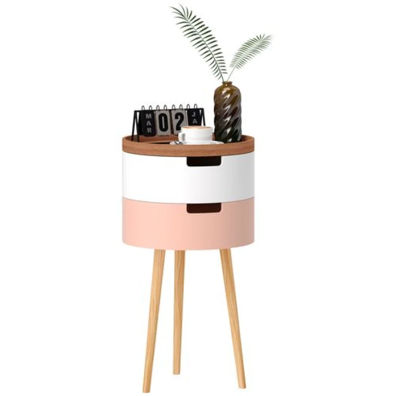 Image of HOMCOM 3-Tier Round Side Table with Storage, Wood Legs, Multicolour Multi