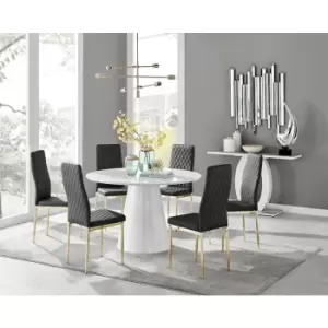 Image of Furniturebox Palma White High Gloss 6 Seat Minimalist Post Modern Round Dining Table & 6 Black Milan Gold Leg Faux Leather Chairs