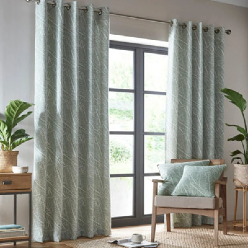 Image of Portfolio Home Madison Botanical Leaves Green 46" Width X 54" Drop (117 X 137Cm) Fully Lined Eyelet Curtain Set 2 Panels