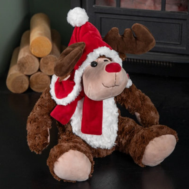 Image of Samuel Alexander 30Cm Sitting Plush Christmas Reindeer With Red Hat & Scarf