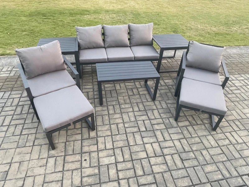 Image of Fimous Aluminium 8 Pieces Garden Furniture Sofa Set with Cushions 7 Seater Outdoor Patio Set with 2 Armchair 2 Big Footstools 2 Side Tables Dark Grey