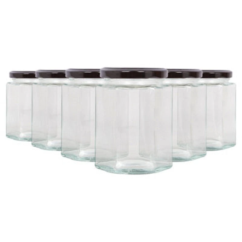 Image of Argon Tableware Hexagonal Glass Jam Jars With Black Lids - 250ml - Pack Of 6