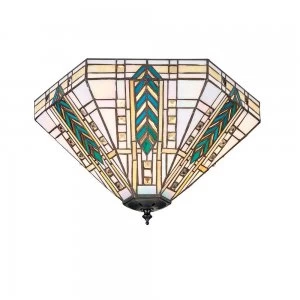Image of 2 Light Medium Ceiling Flush Light Dark Bronze, Tiffany Glass, E27