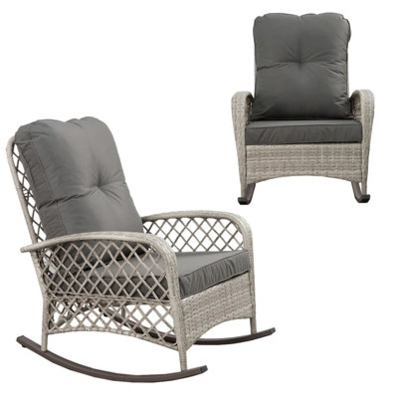 Image of Patio Rattan Rocking Chair, Relaxer Wicker Rocker Armchair With Soft Cushion, All-Weather Steel Frame - Gray