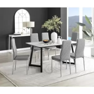 Image of Furniturebox UK - Furniturebox Carson White Marble Effect Rectangular 160cm Dining Table & 6 Grey Milan Chrome Leg Faux Leather Chairs