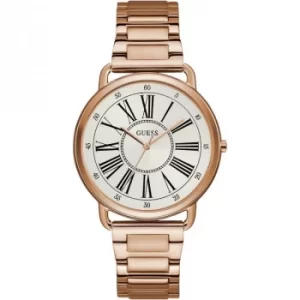 Image of GUESS Ladies rose gold watch with white roman numeral dial.