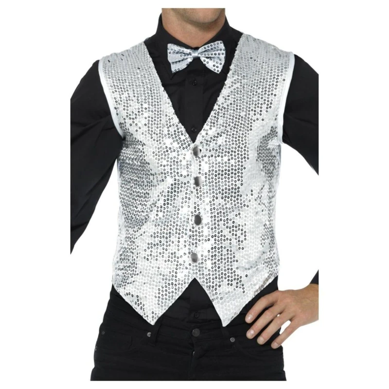 Image of Smiffys Mens Sequin Costume Vest in Silver Size: Small Silver Male S