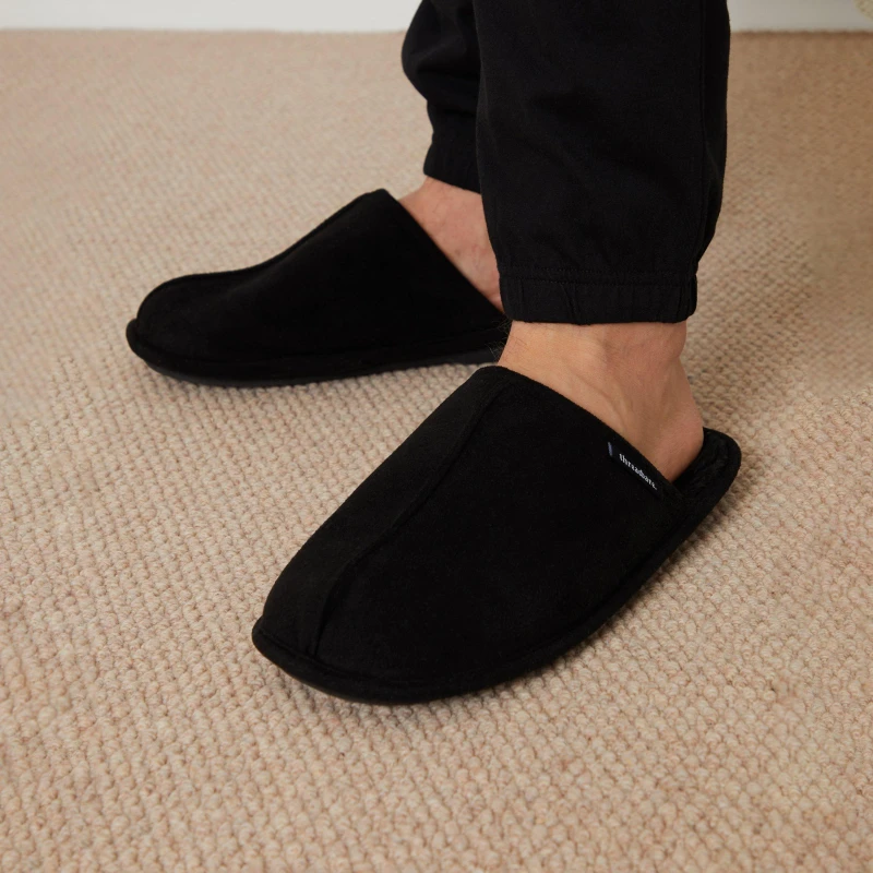 Image of Threadbare Faux Fur Lined Suedette Mule Slippers - Black UK 11-12