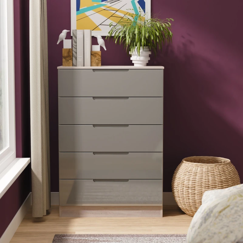 Image of Cannes Ready Assembled 5 Drawer Chest in Grey Gloss & Grey Oak - Welcome Furniture TJ Hughes 5056812213058