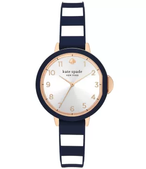Image of Kate Spade New York Womens Park Row Three-Hand Stripe Silicone Watch - Blue / White