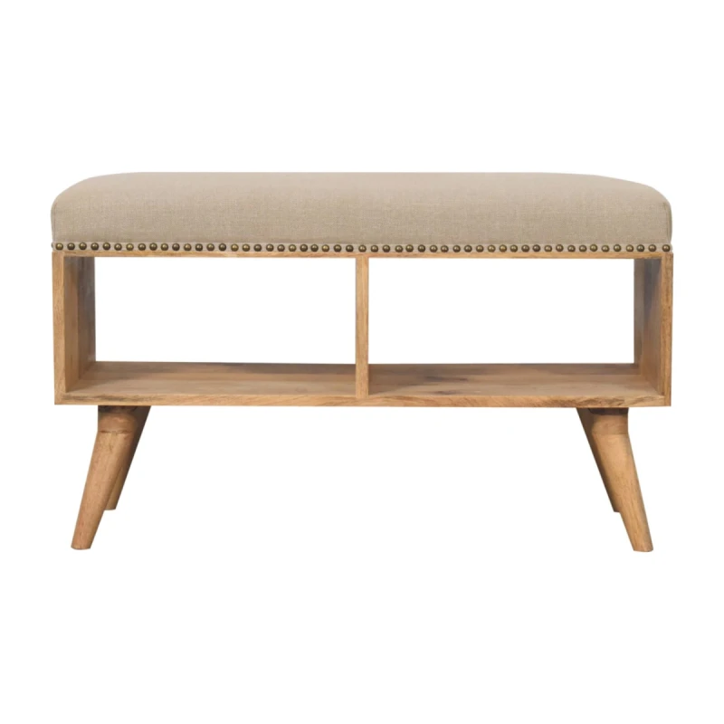 Image of Artisan Furniture Artisan Furniture Solid Wood Studded Linen Open Bench, Upholstered, 2 Open Slots, Beige
