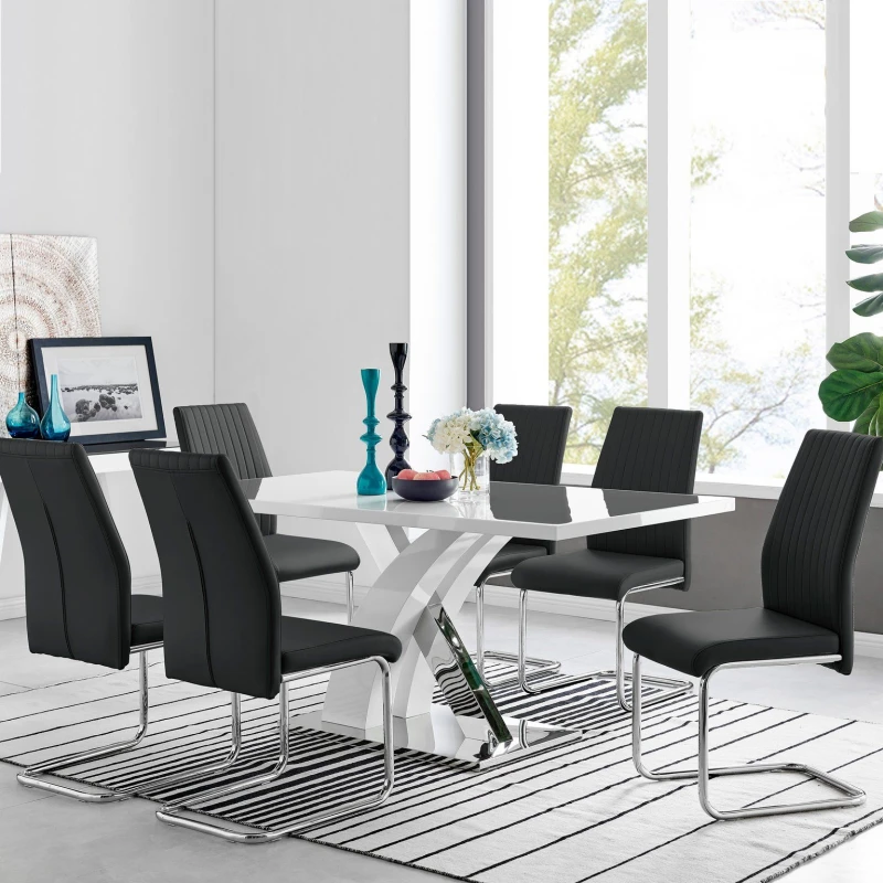 Image of FurnitureboxUK FurnitureboxUK Atlanta Modern Rectangle Chrome Metal High Gloss White Dining Table And 6 Lorenzo Chairs Set in Black One Size Uni