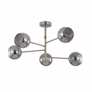 Image of Nielsen Nicoletti Modern Satin Silver 5 Light Semi Flush Ceiling Lamp With Smoked Glass Shade