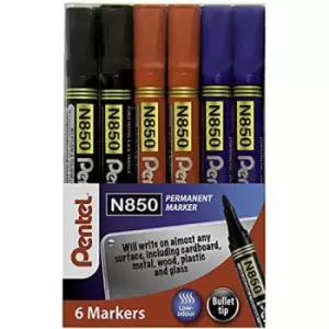 Image of Pentel N850 Permanent Marker Bullet Tip 2.1mm Line Assorted (Pack 5) YN850/6-M