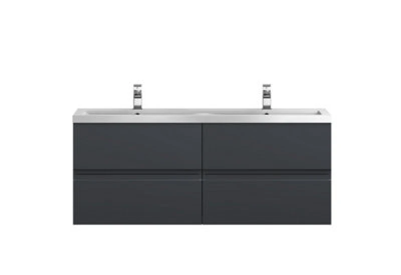 Image of Nuie Hudson Reed Urban Wall Hung 4 Drawer Vanity Unit With Double Ceramic Basin, Modern Bathroom Furniture In Soft Black, 1200mm