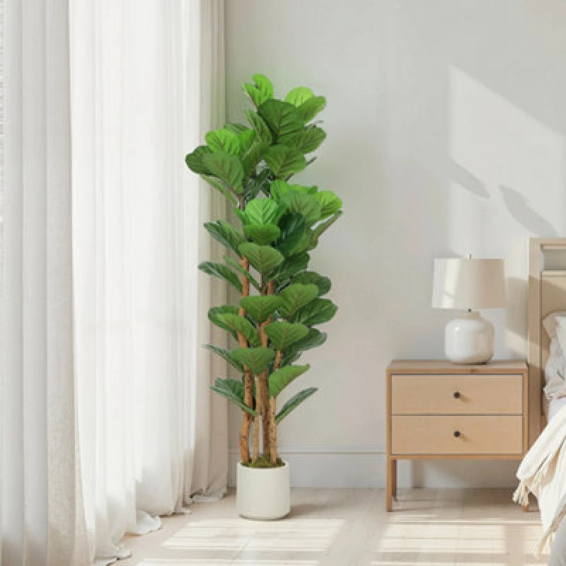 Image of Homcom 150Cm Artificial Fiddle Leaf Fig Tree With Solid Wood Trunks