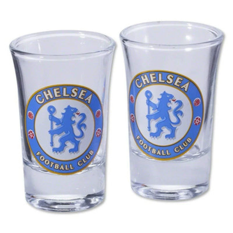 Image of Chelsea FC Chelsea FC Two Pack Home Word Mark Shot Glasses in Clear Clear One Size Unisex 5059000240416