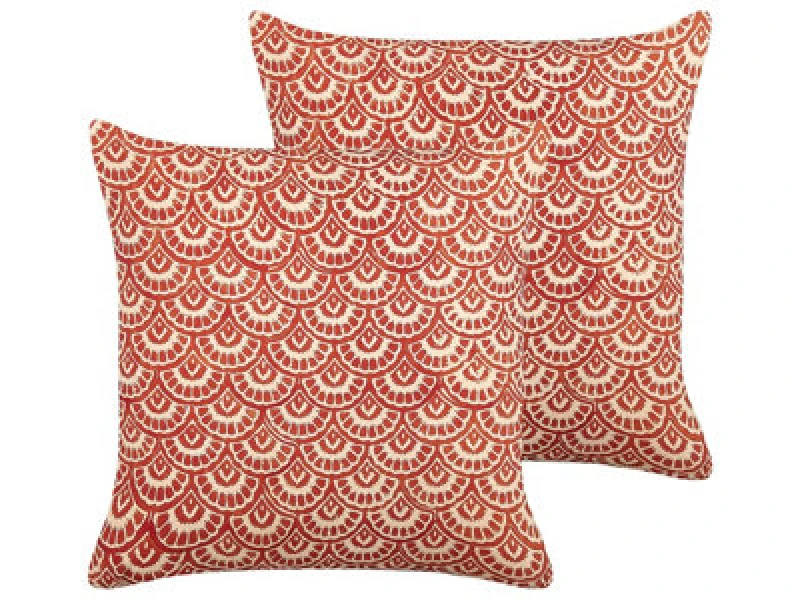 Image of Beliani Set Of 2 Decorative Cushions Rhus Cotton 45 X 45cm Red Geometric Pattern