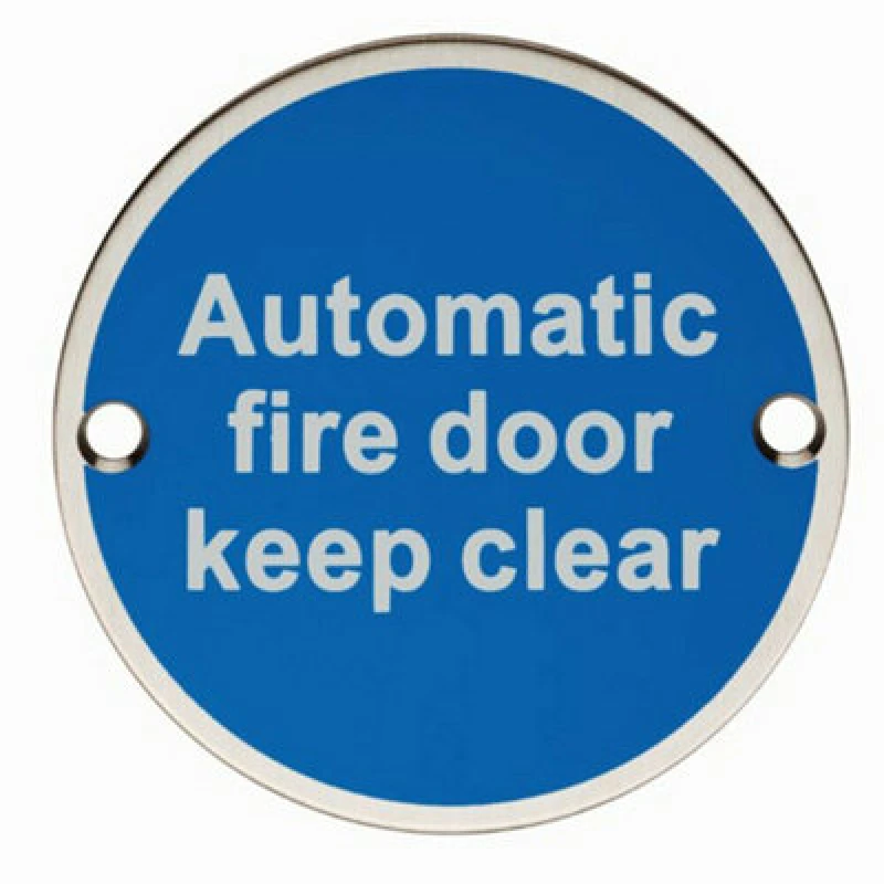 Image of Loops Automatic Fire Door Keep Clear Plaque 76mm Diameter Satin Stainless Steel Metallics