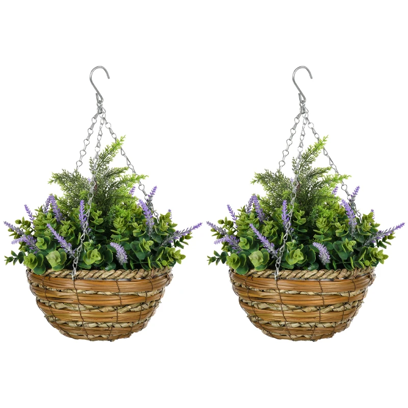 Image of Outsunny 2 Pcs Artificial Lisianthus Flower Hanging Planter Basket Purple, Purple 844-360V00VT