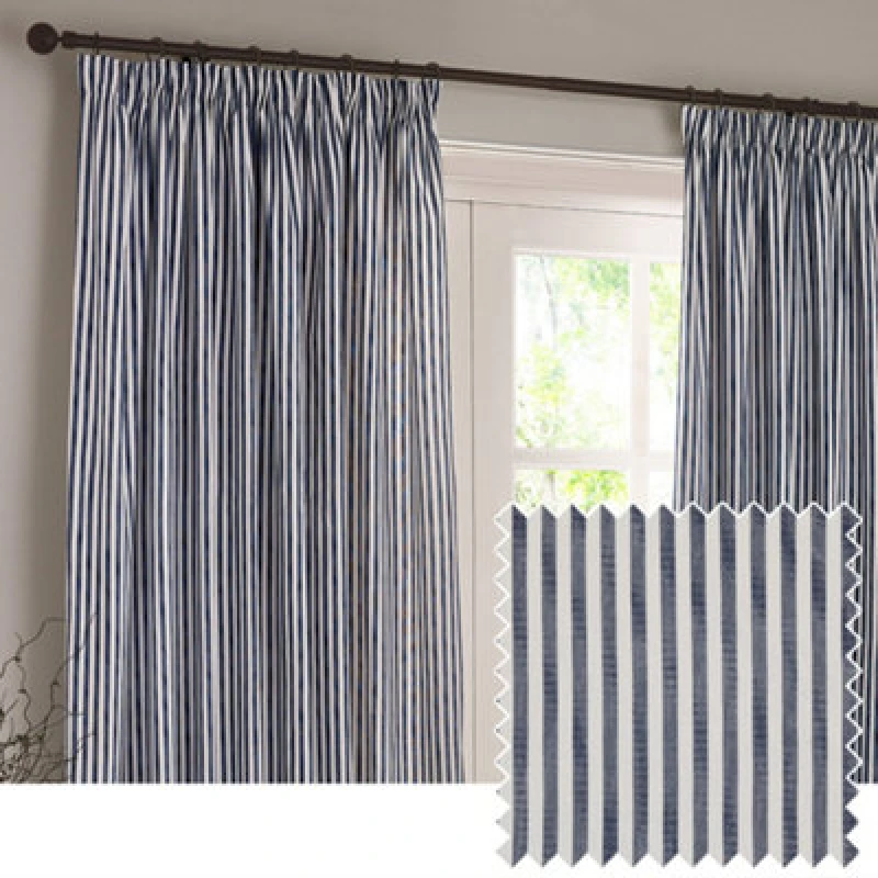 Image of Yard Hebden Striped Cotton Pencil Pleat Curtain Pair Navy 117 X 183Cm, Blue 5025532824615.00