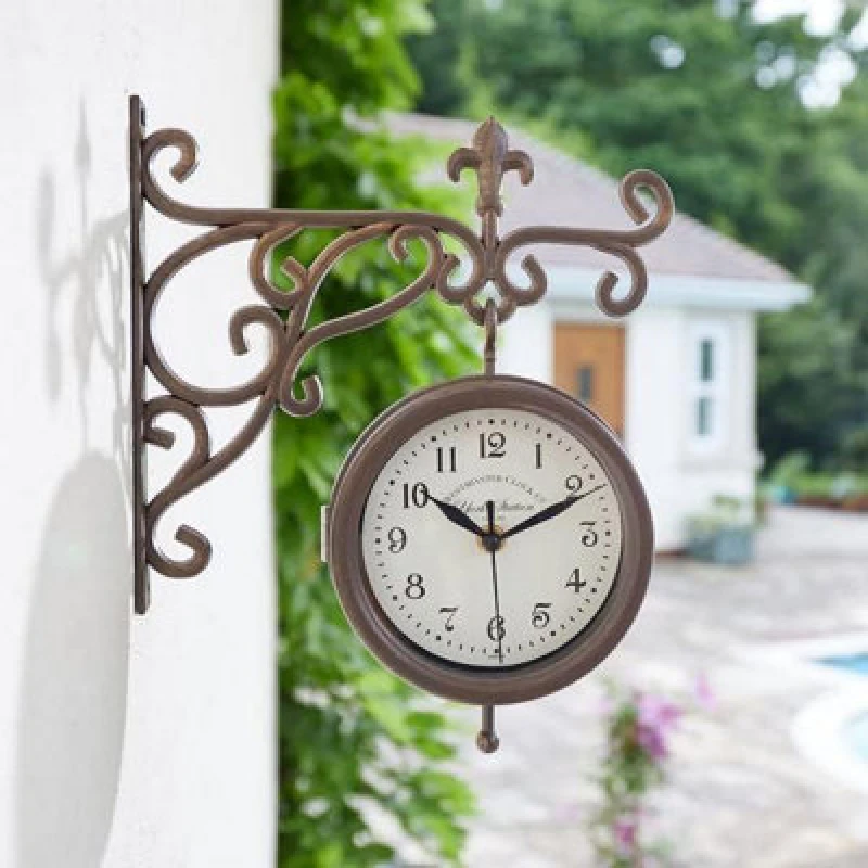Image of Annibells Bronze Double Sided Garden Station Clock & Thermometer (9343)