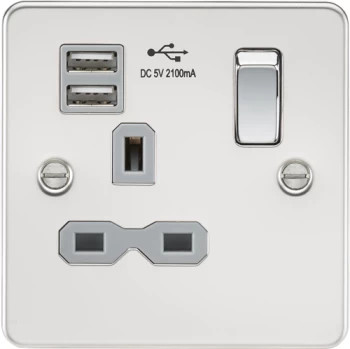 Image of KnightsBridge Flat plate 13A 1G switched socket with dual USB charger (2.1A) - polished chrome with grey insert