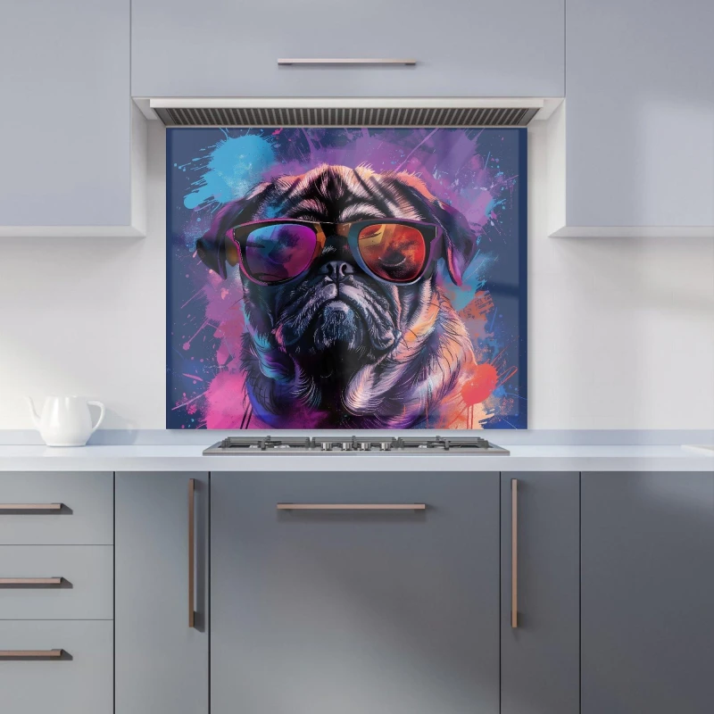 Image of Warren Reed - Designer Vibrant Pug in Sunglasses Kitchen Splashback Size: 900mm x 750mm Multicolor Unisex 900mm x 750mm